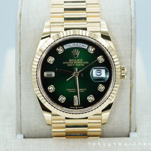 Rolex 128238 DAY DATE 36 YELLOW GOLD GREEN OMBRE DIAMOND DIAL 2024 WARRANTY FULL SET