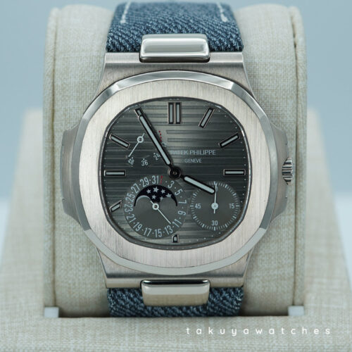 Patek PHILIPPE 5712G NAUTILUS MOONPHASE WHITE GOLD SLATE DIAL EXTRA DENIM STRAP BOXES PAPERS
