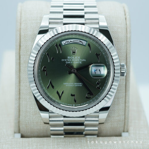 Rolex 228236 DAY DATE PLATINUM FLUTED BEZEL ARABIC OLIVE GREEN DIAL 2024 WARRANTY FULL SET
