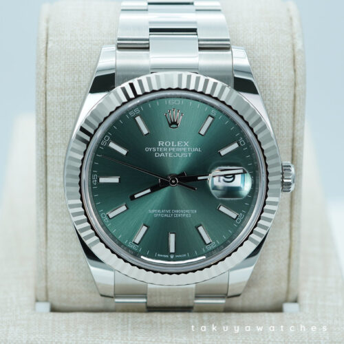 Rolex 126334 DATEJUST 41 FLUTED BEZEL MINT GREEN DIAL OYSTER 2025 WARRANTY FULL SET