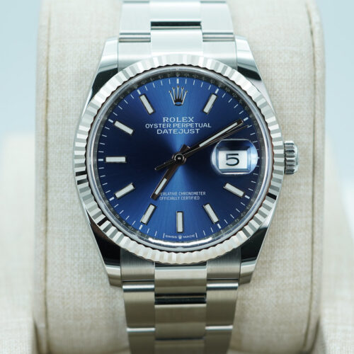 Rolex 126234 DATEJUST 36 FLUTED BEZEL BLUE DIAL OYSTER BAND 2025 WARRANTY FULL SET