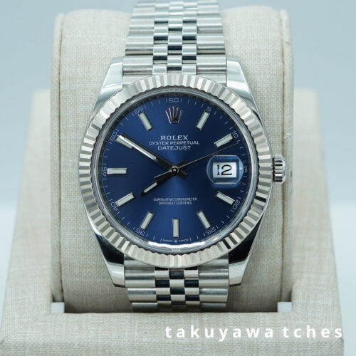 Rolex 126334 DATEJUST 41 FLUTED BEZEL BLUE STICK DIAL JUBILEE BAND FULL SET