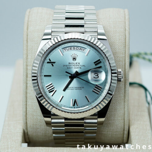 BRAND NEW Rolex 228236 DAY DATE PLATINUM FLUTED BEZEL ICE BLUE ROMAN DIAL 2026 FULL SET