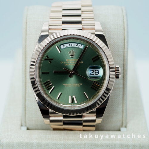 Rolex 228235 DAY DATE 40 ROSE GOLD OLIVE GREEN ROMAN DIAL 2025 WARRANTY FULL SET