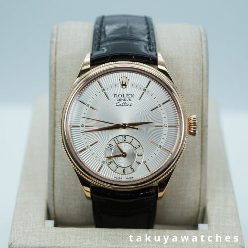 Rolex 52505 CELLINI 18K ROSE GOLD DUAL TIME SILVER DIAL FULL SET