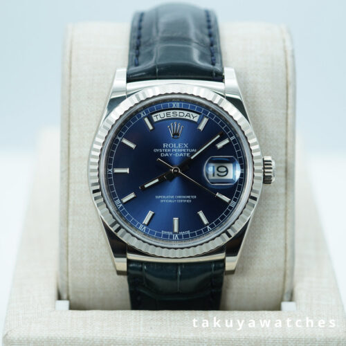 Rolex 118139 DAY DATE 36 18K WHITE GOLD BLUE DIAL RSC SERVICED FULL SET