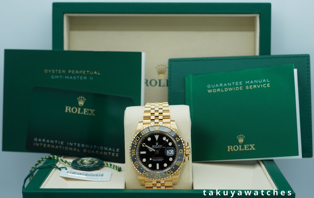 Rolex 126718GRNR GMT MASTER 2 YELLOW GOLD GREY BLACK BEZEL JUBILEE