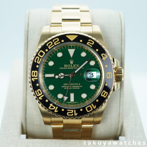 Rolex 116718 GMT MASTER 2 18K YELLOW GOLD GREEN DIAL RSC SERVICED BOXES PAPERS