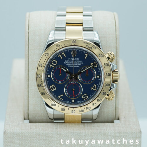 CPO Rolex 116523 DAYTONA YELLOW GOLD TWO TONE BLUE RACING DIAL WARRANTY FULL SET
