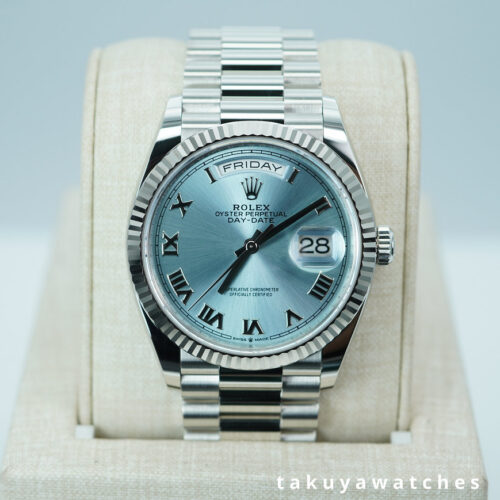 Rolex 128236 DAY DATE 36 PLATINUM ICE BLUE ROMAN DIAL 2024 WARRANTY FULL SET