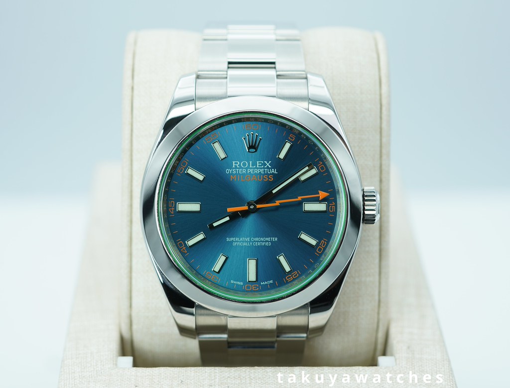 Rolex 116400GV MILGAUSS GREEN CRYSTAL Z BLUE DIAL FULL SET