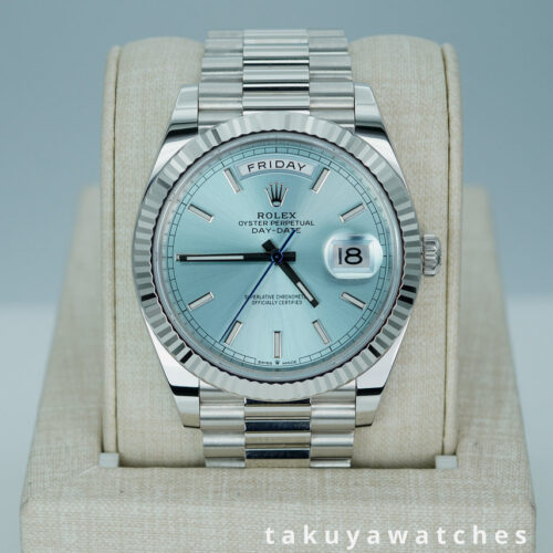 Rolex 228236 DAY DATE PLATINUM FLUTED BEZEL ICE BLUE STICK DIAL 2023 WARRANTY FULL SET