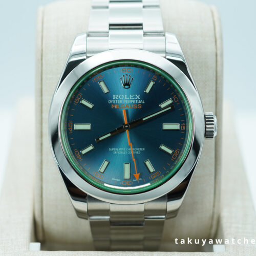 Rolex 116400GV MILGAUSS GREEN CRYSTAL Z BLUE DIAL 2019 RSC SERVICED FULL SET